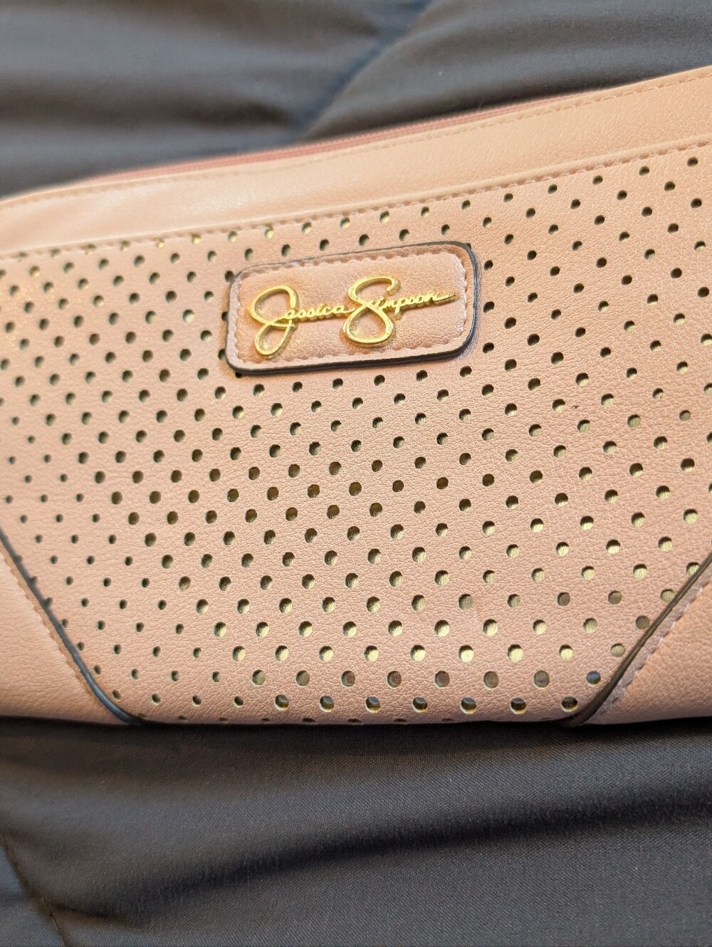 Jessica Simpson Blush Pink Perforated Wristlet with Gold Logo